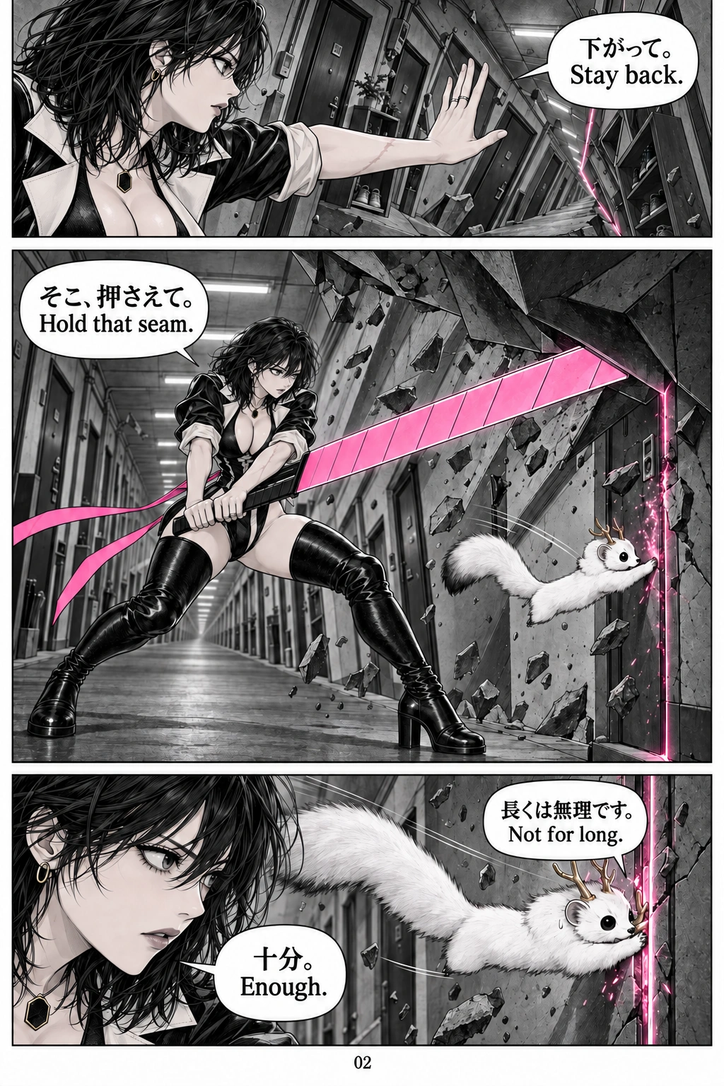 The Seam, page 2. Japanese dialogue with English underneath. A full text transcript follows the pages.