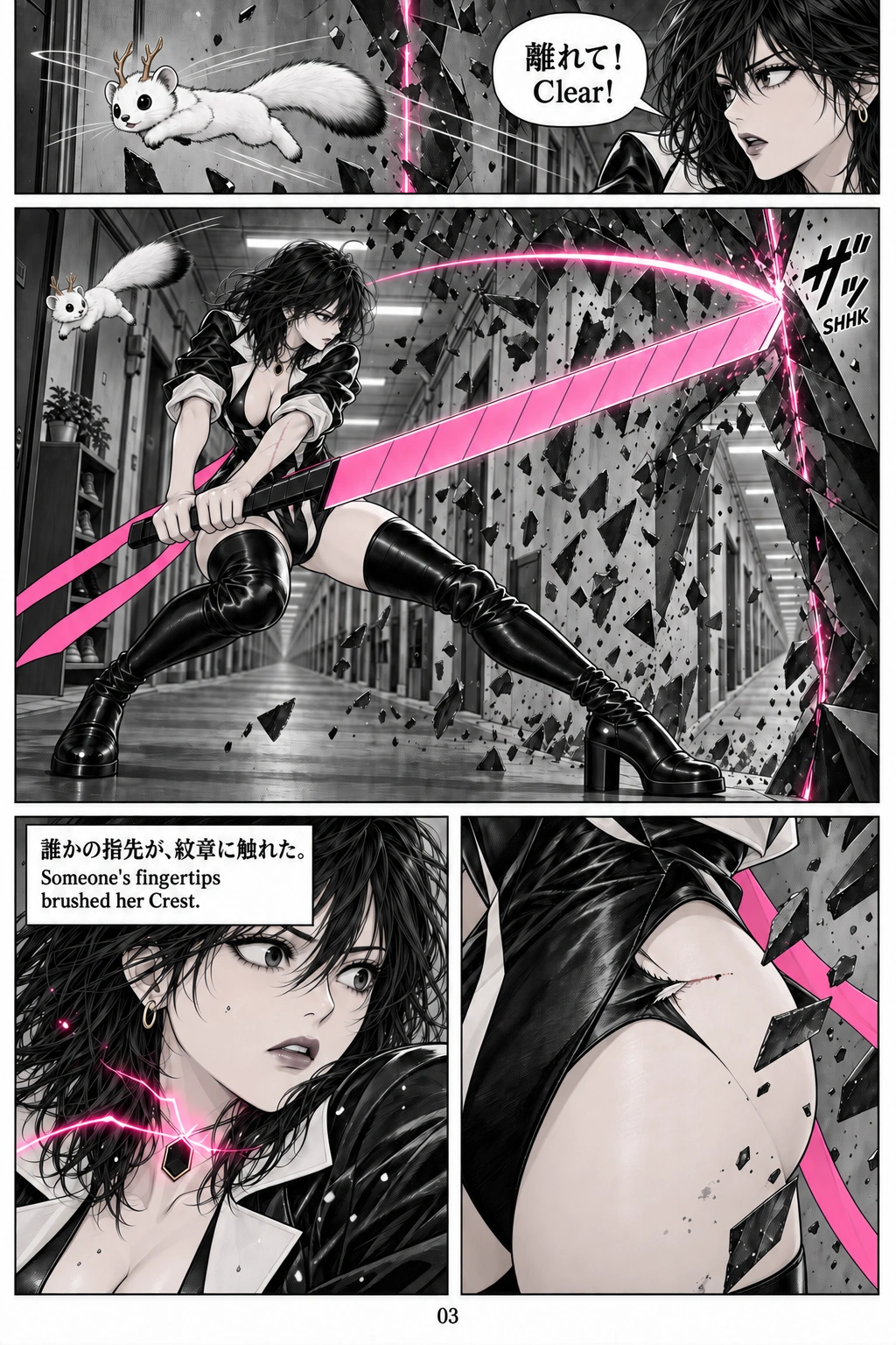 The Seam, page 3. Japanese dialogue with English underneath. A full text transcript follows the pages.